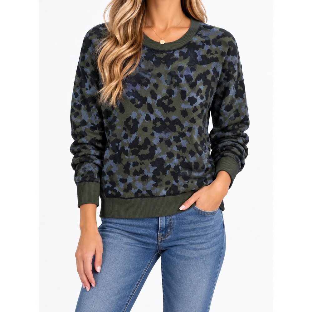 Anthropologie Leopard Print Sweater Olive Green Blue Crewneck Pullover Medium